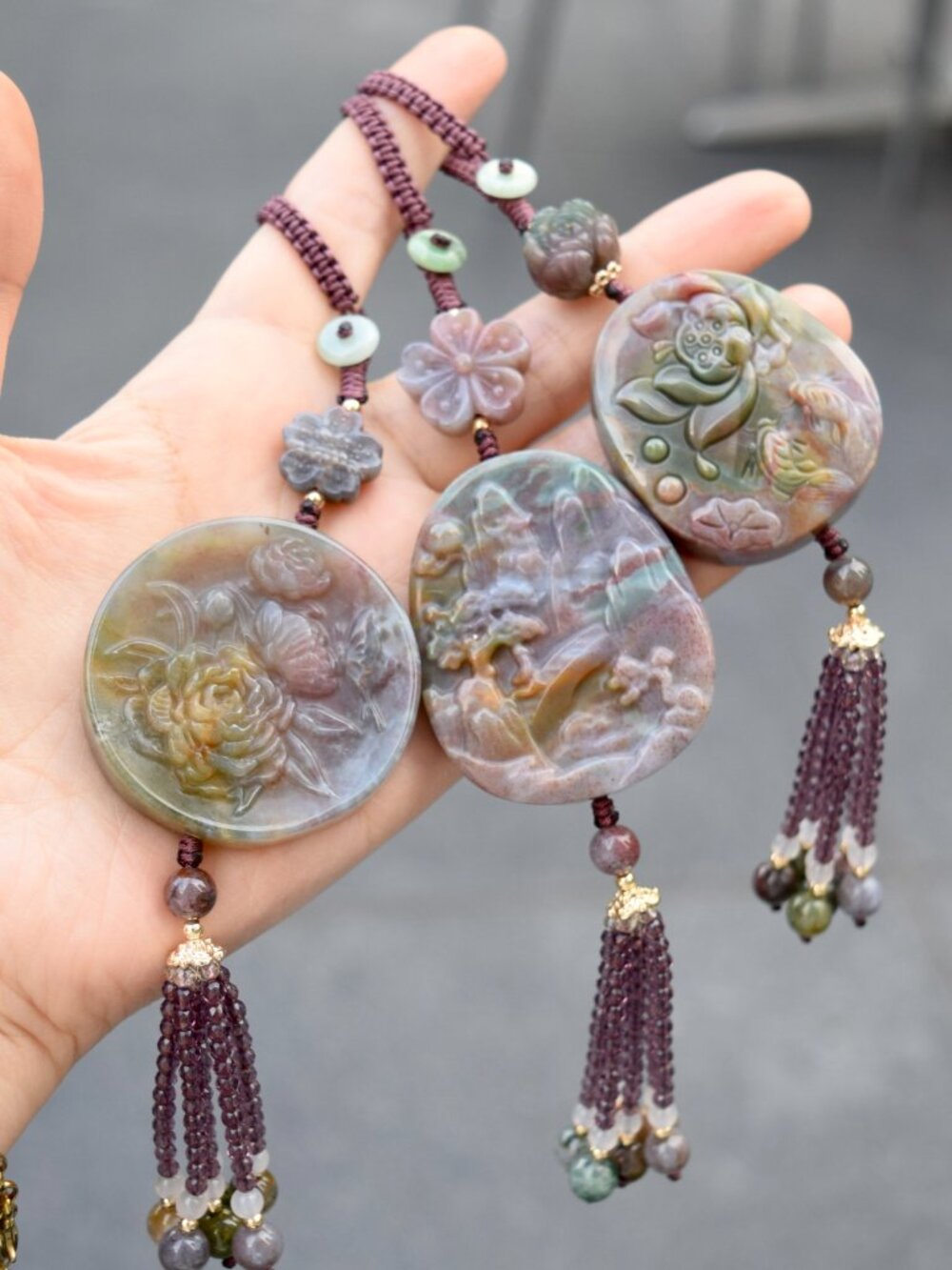 Purple Lotus Peony Landscape Keychain Bag Charm - Ocean Jasper